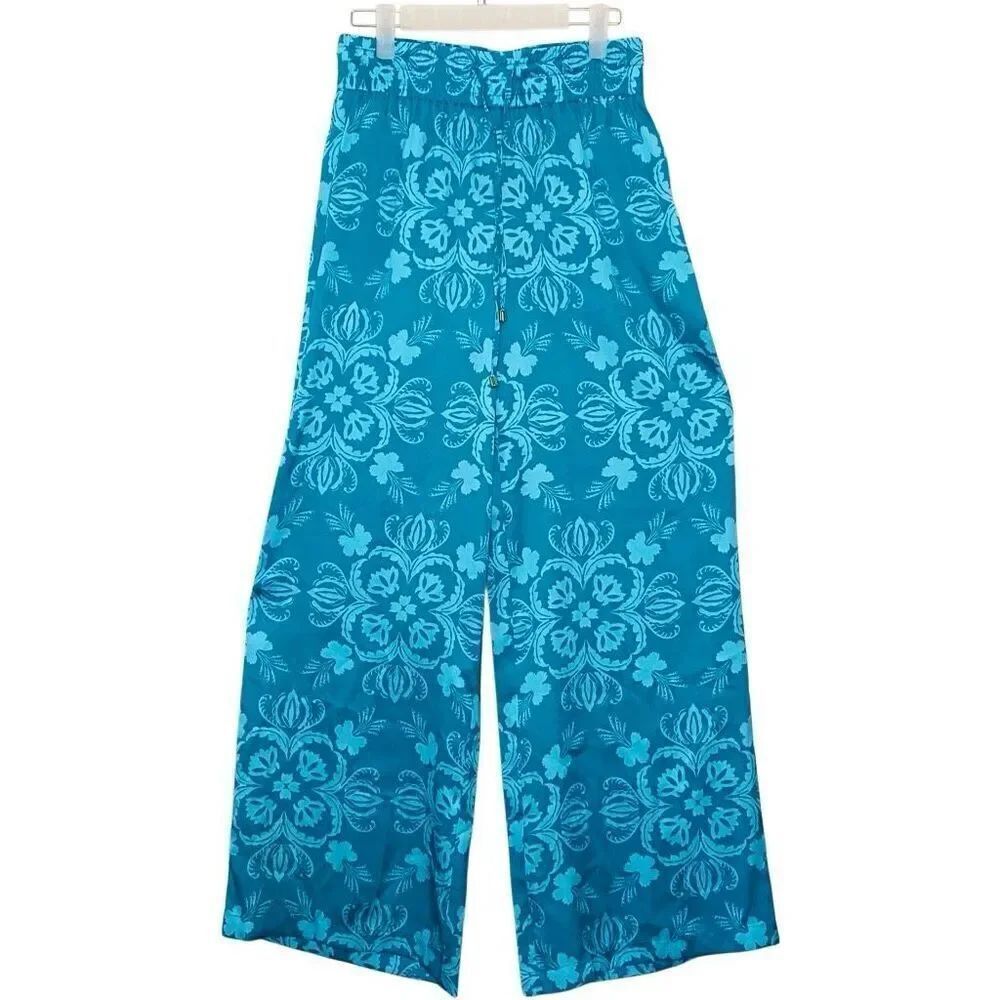 INC International Concepts Floral Elastic Waist Pull-on Wide Leg Pants Teal XS